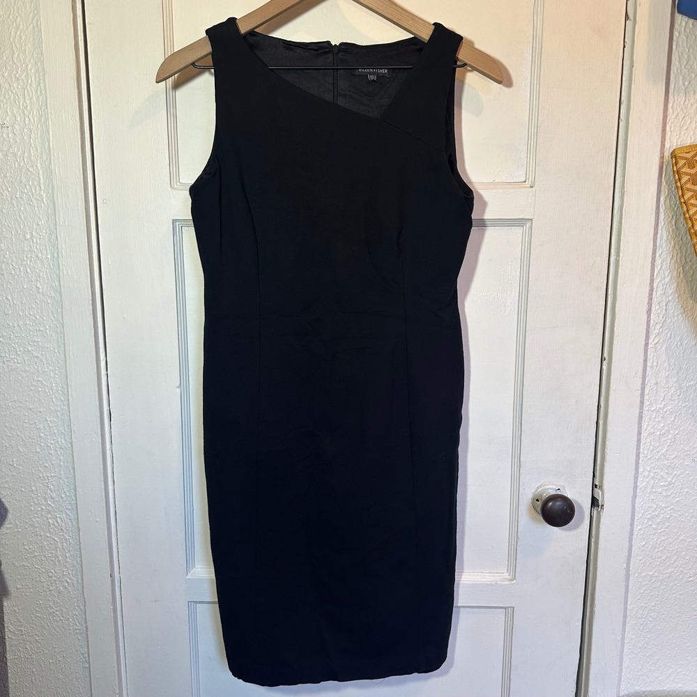 Eileen Fisher Sleeveless Sheath Dress Black Asymmetrical Seam Size 6